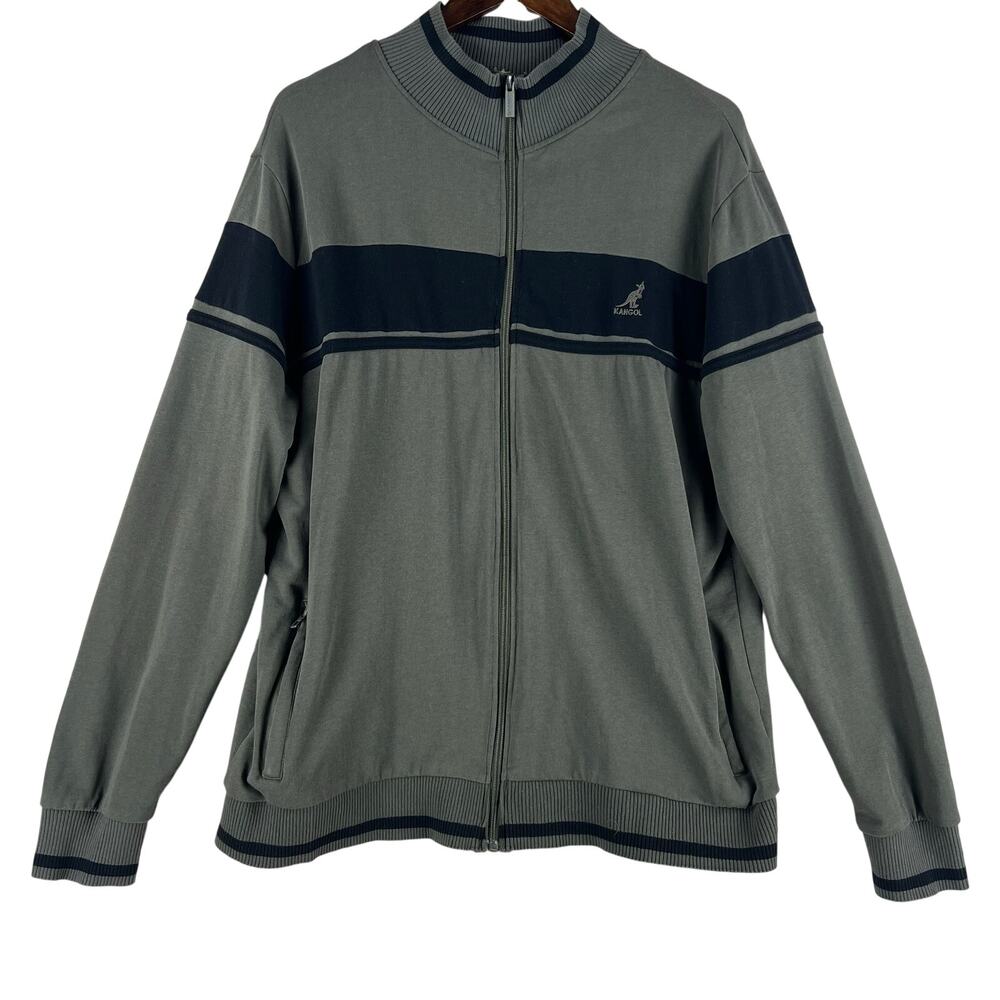 Kangol Mens Full Zip Track Jacket XL Olive Green Navy Striped Cotton Mock Neck